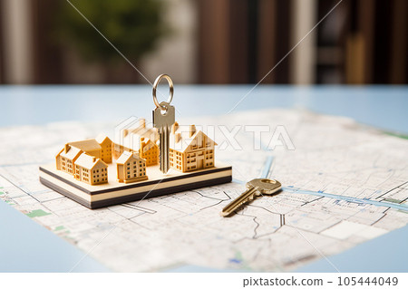 Miniature house models with keys. Real estate, investment, property insurance, mortgage, home loan, and savings concept. Buying or building new home. Dream house, financial planning. AI generated 105444049