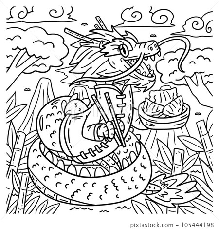 Year of the Dragon Eating Dumplings Kids Coloring Year of the Dragon Eating Dumplings Kids Coloring 105444198