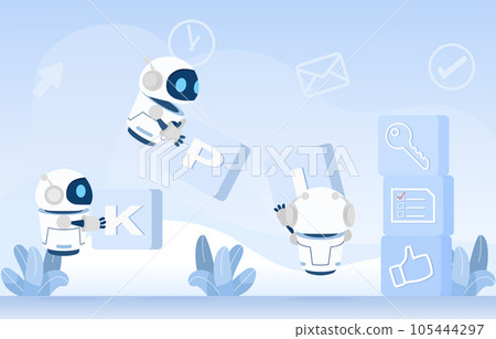 Collaboration concept. Robot working on building three boxes that represent the letters K, P, and I, which are Key Performance Indicators (KPI). Flat vector design illustration. Collaboration concept. Robot working on building three boxes that represent the letters K, P, and I, which are Key Performance Indicators (KPI). Flat vector design illustration. 105444297