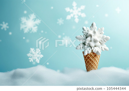 Ice cream cone with Christmas decoration snowflake greeting card. Minimal Christmas or New Year winter holidays concept. Waffle cone and snow flakes, summer meets winter, sweet dessert Ice cream cone with Christmas decoration snowflake greeting card. Minimal Christmas or New Year winter holidays concept. Waffle cone and snow flakes, summer meets winter, sweet dessert 105444344