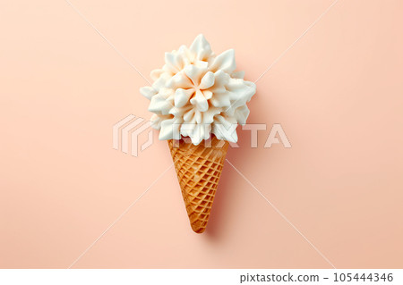 Ice cream cone with Christmas decoration snowflake greeting card. Minimal Christmas or New Year winter holidays concept. Waffle cone and snow flakes, summer meets winter, sweet dessert Ice cream cone with Christmas decoration snowflake greeting card. Minimal Christmas or New Year winter holidays concept. Waffle cone and snow flakes, summer meets winter, sweet dessert 105444346