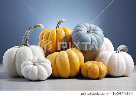 Different pumpkins on pastel studio background. Halloween celebration, Happy Halloween concept. Traditional october holiday. Autumn holiday and harvest theme background with copy space for text 105444354