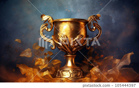 Gold winner cup on orange autumn background. Golden champion cup, trophy for the winner, award, victory, first place of competition, winning and success concept. Copy space 105444397