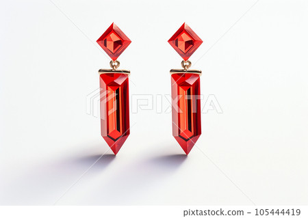 Red crystal earrings isolated on white background. Jewelry earrings with bright crystals, female accessories 105444419