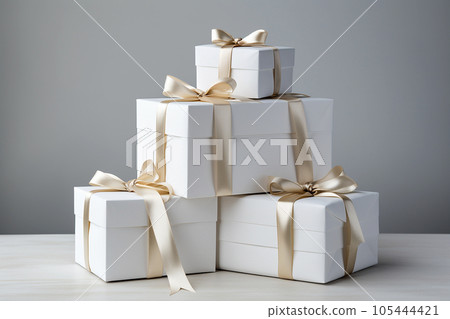 Stack of Christmas gift boxes. Heap of wrapped present boxes with bows. Composition with copyspace. Christmas present, Valentines Day, Birthday concept, Happy New Year greeting card Stack of Christmas gift boxes. Heap of wrapped present boxes with bows. Composition with copyspace. Christmas present, Valentines Day, Birthday concept, Happy New Year greeting card 105444421