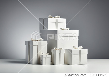 Stack of Christmas gift boxes. Heap of wrapped present boxes with bows. Composition with copyspace. Christmas present, Valentines Day, Birthday concept, Happy New Year greeting card Stack of Christmas gift boxes. Heap of wrapped present boxes with bows. Composition with copyspace. Christmas present, Valentines Day, Birthday concept, Happy New Year greeting card 105444423