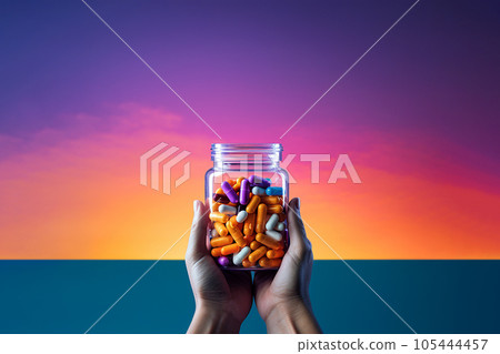 Hand holding a bottle of pills. Healthy lifestyle, nutritional supplements, treatment, taking medication, vitamins or supplements. AI generated Hand holding a bottle of pills. Healthy lifestyle, nutritional supplements, treatment, taking medication, vitamins or supplements. AI generated 105444457