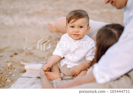 Cheerful young family with little baby boy spending time together on the beach. Cheerful young family with little baby boy spending time together on the beach. 105444731
