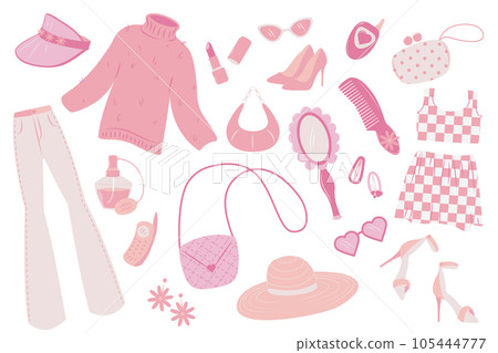 Glamorous pink barbiecore set. Different elements on white background - bags, clothes, mirror, cellphones, hat, sunglasses, perfume, hairlclips, hairbrush, earrings, shoes. Vector illustrations set. 105444777
