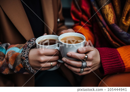 Two LGBT women holding coffee and holding hands. Two LGBT women holding coffee and holding hands. 105444941