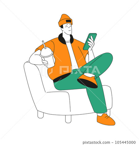 Man Character Sit with Smartphone Use Food Delivery App Vector Illustration Man Character Sit with Smartphone Use Food Delivery App Vector Illustration 105445000
