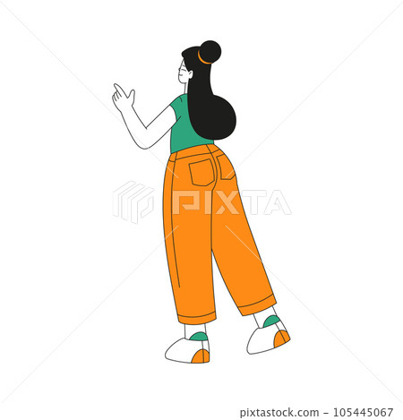 Woman Character Indicating Something Pointing with Index Finger as Hand Gesture Specifying Direction Vector Illustration Woman Character Indicating Something Pointing with Index Finger as Hand Gesture Specifying Direction Vector Illustration 105445067