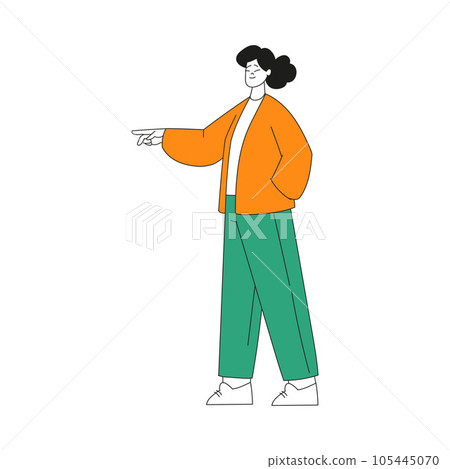 Woman Character Indicating Something Pointing with Index Finger as Hand Gesture Specifying Direction Vector Illustration Woman Character Indicating Something Pointing with Index Finger as Hand Gesture Specifying Direction Vector Illustration 105445070