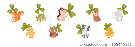 Cute Baby Animals with Three Leaf Clover Vector Set Cute Baby Animals with Three Leaf Clover Vector Set 105445131