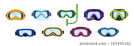 Watertight Diving Goggles and Snorkeling Tube for Swimming Underwater Vector Set 105445192