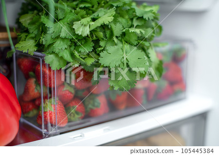 Open fridge full of fresh fruits and vegetables, vegetarian food healthy food background, greenery, organic nutrition, health care, dieting concept 105445384