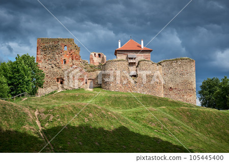 Latvian tourist landmark attraction -  ruins of medieval Bauska castle and the remains of a later palace. Bauska city, Latvia. 105445400