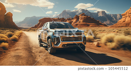 Family holidays road trip, traveling in desert, light day time, AI Generative. 105445512