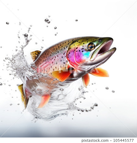 Rainbow trout jumping up and splashing on white background. Generative AI 105445577