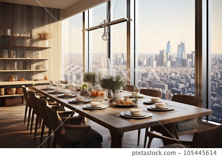 Interior of empty restaurant dinning hall in the midtown New York City Manhattan. Skyline buildings from high rise window. Dinner in New York with beautifull view concept. AI Generative 105445614