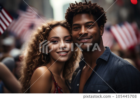 Close up of american mixed race couple. Two young people staying happy together. Fine portrait about diversity, happy real love concept. AI Generative 105445708