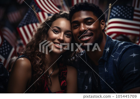 Close up of american mixed race couple. Two young people staying happy together. Fine portrait about diversity, happy real love concept. AI Generative 105445709