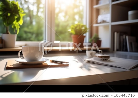 Desk of free space and kitchen interior, wooden table, kitchen window and shelves. Aesthetic photo, macro close up, bright tone. AI Generative 105445710