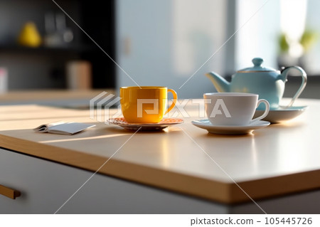 Desk of free space and kitchen interior, wooden table, kitchen window and shelves. Aesthetic photo, macro close up, bright tone. AI Generative 105445726
