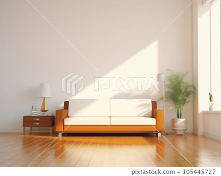 Living room, white room, nobody, light brown sofa. AI Generative 105445727