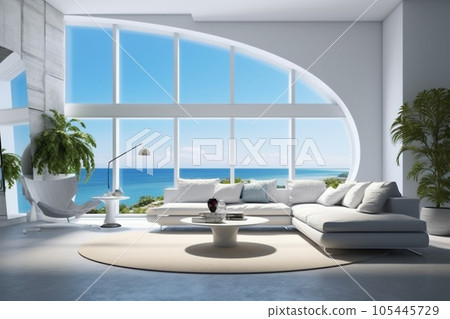 White large modern living room, ocean view background, modern Italian round furniture, ultramarine round pillows , modern architecture, round windows. AI Generative 105445729