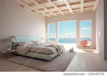 Interior of luxury suit, modern bedroom of a hotel or apartment, stylish design with beautiful sea view. AI Generative 105445755