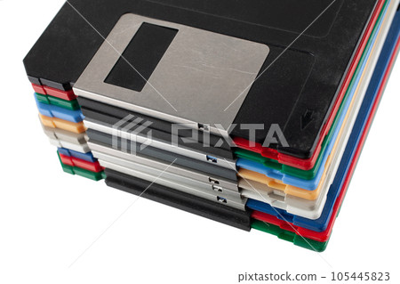Colored old retro floppy diskettes in stack. 105445823