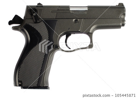 Cocked semi automatic handgun on white 105445871