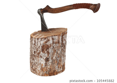 antique axe with wooden handle in wood log on white background antique axe with wooden handle in wood log on white background 105445882