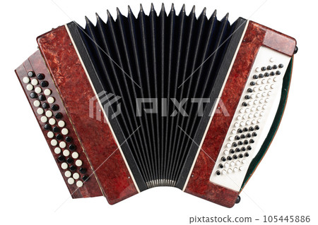 Small retro bayan (accordion). Folk musical instrument. Small retro bayan (accordion). Folk musical instrument. 105445886