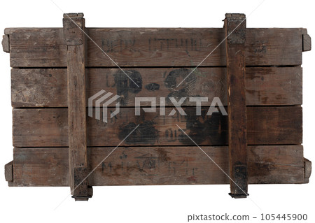 Army ammunition wooden crate. Text in russian - type of ammunition, projectile caliber, projectile type, number of pieces and weight. Army ammunition wooden crate. Text in russian - type of ammunition, projectile caliber, projectile type, number of pieces and weight. 105445900
