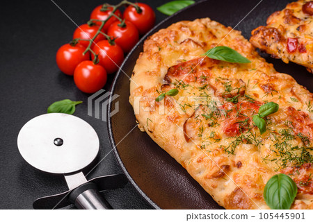 Delicious oven fresh flatbread pizza with cheese, tomatoes, sausage, salt and spices Delicious oven fresh flatbread pizza with cheese, tomatoes, sausage, salt and spices 105445901