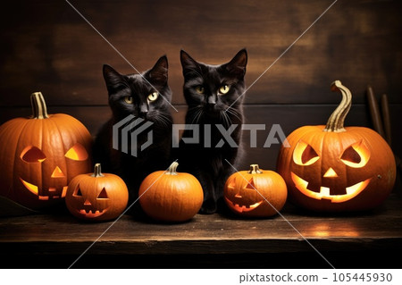Halloween pumpkins and black cats art. Thanksgiving celebration 105445930