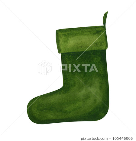 Watercolor Christmas empty green stocking isolated on white background 105446006