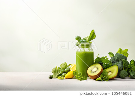 Glass jar filled with green spinach and kale smoothie for healthy nutrition. 105446091