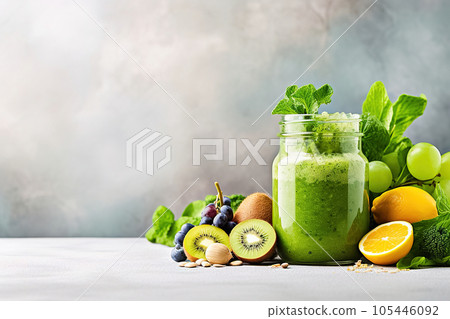 Glass jar filled with green spinach and kale smoothie for healthy nutrition. 105446092