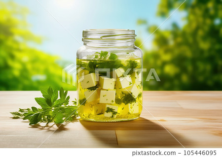 Cubes of cheese in olive oil with spices, in a glass jar. 105446095
