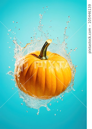 Pumpkin fruit with splashes of water on a blue background. Pumpkin fruit with splashes of water on a blue background. 105446139