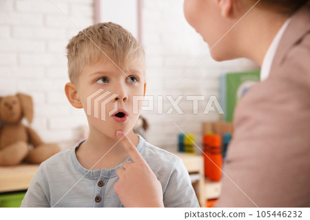 Speech therapist working with little boy in office Speech therapist working with little boy in office 105446232