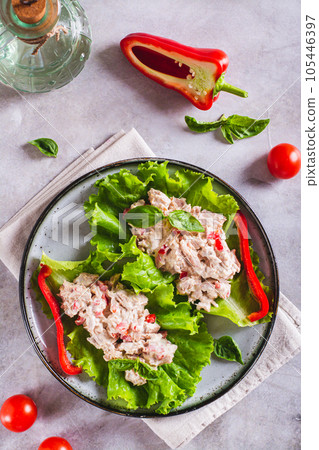 Canned tuna salad with pepper and egg on lettuce leaves on a plate top and vertical view Canned tuna salad with pepper and egg on lettuce leaves on a plate top and vertical view 105446397