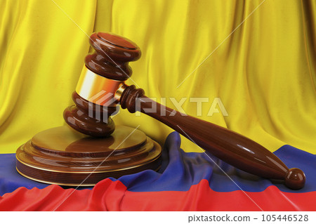 Colombian law and justice concept. Wooden gavel on flag of Colombia, 3D rendering Colombian law and justice concept. Wooden gavel on flag of Colombia, 3D rendering 105446528