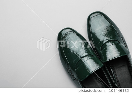 Pair of stylish female shoes on light grey background, top view 105446583