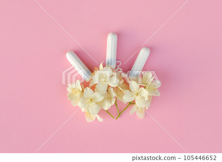 Women's and gynecological health care. Menstrual cycle. Hygiene care during critical days. Tampon woman Clean and safe Menstruation, means of protection. Women's and gynecological health care. Menstrual cycle. Hygiene care during critical days. Tampon woman Clean and safe Menstruation, means of protection. 105446652