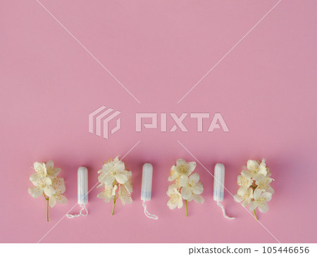 Women's and gynecological health care. Menstrual cycle. Hygiene care during critical days. Tampon woman Clean and safe Menstruation, means of protection. Women's and gynecological health care. Menstrual cycle. Hygiene care during critical days. Tampon woman Clean and safe Menstruation, means of protection. 105446656