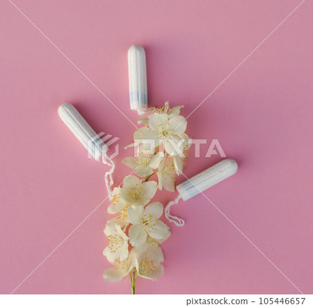 Women's and gynecological health care. Menstrual cycle. Hygiene care during critical days. Tampon woman Clean and safe Menstruation, means of protection. Women's and gynecological health care. Menstrual cycle. Hygiene care during critical days. Tampon woman Clean and safe Menstruation, means of protection. 105446657